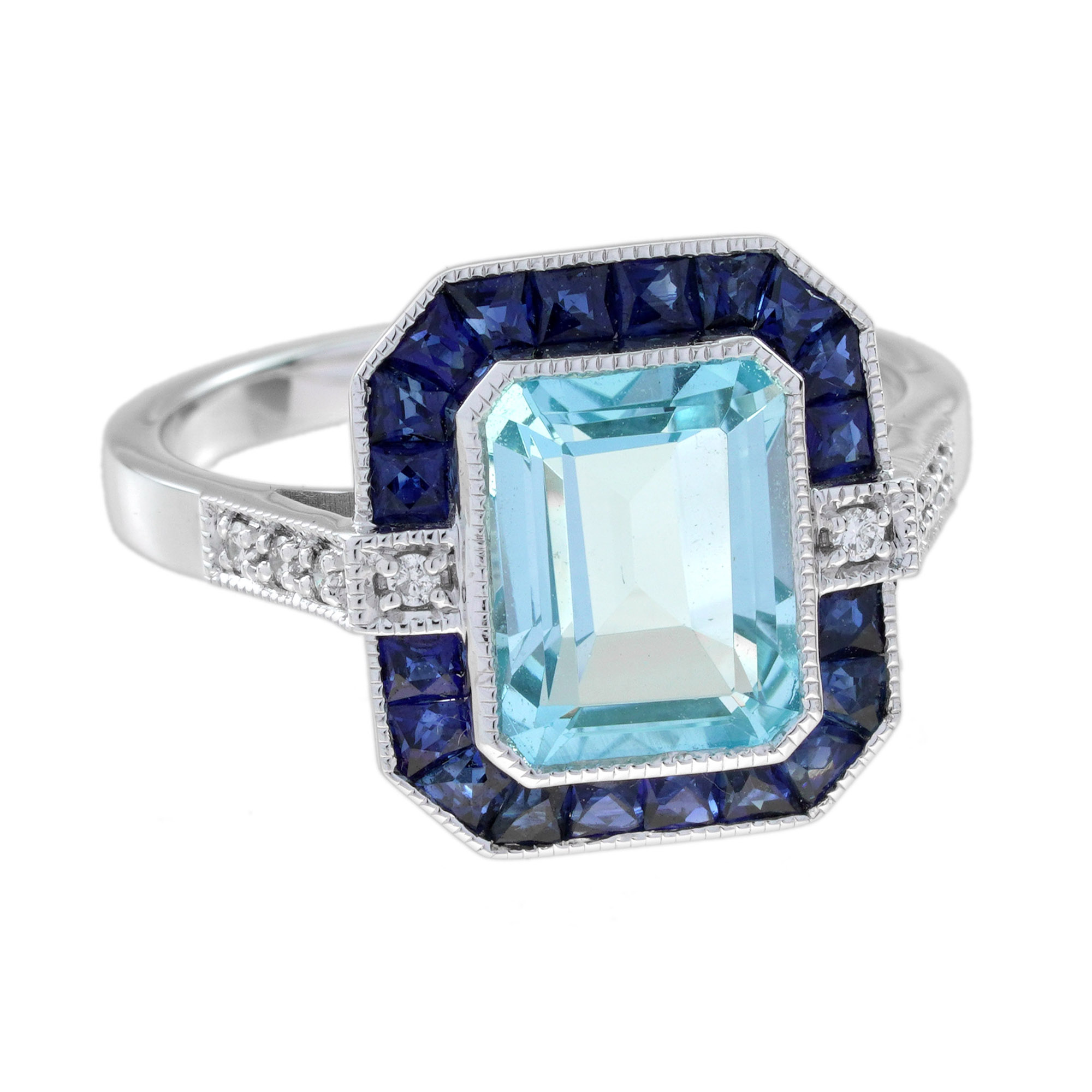 Emerald Cut Blue Topaz Art Deco Style Ring Angled View