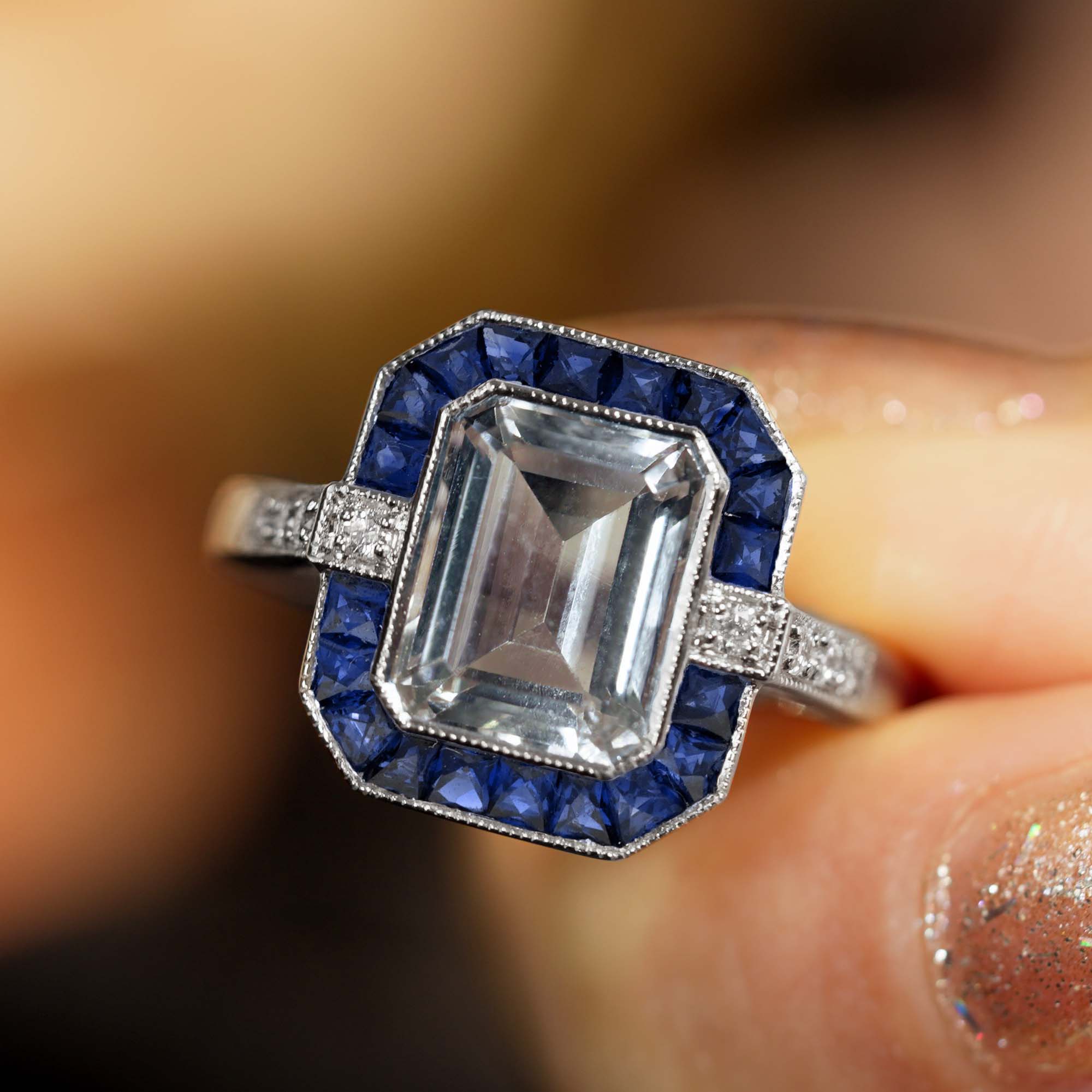 Emerald Cut Blue Topaz Art Deco Style Ring Beauty
