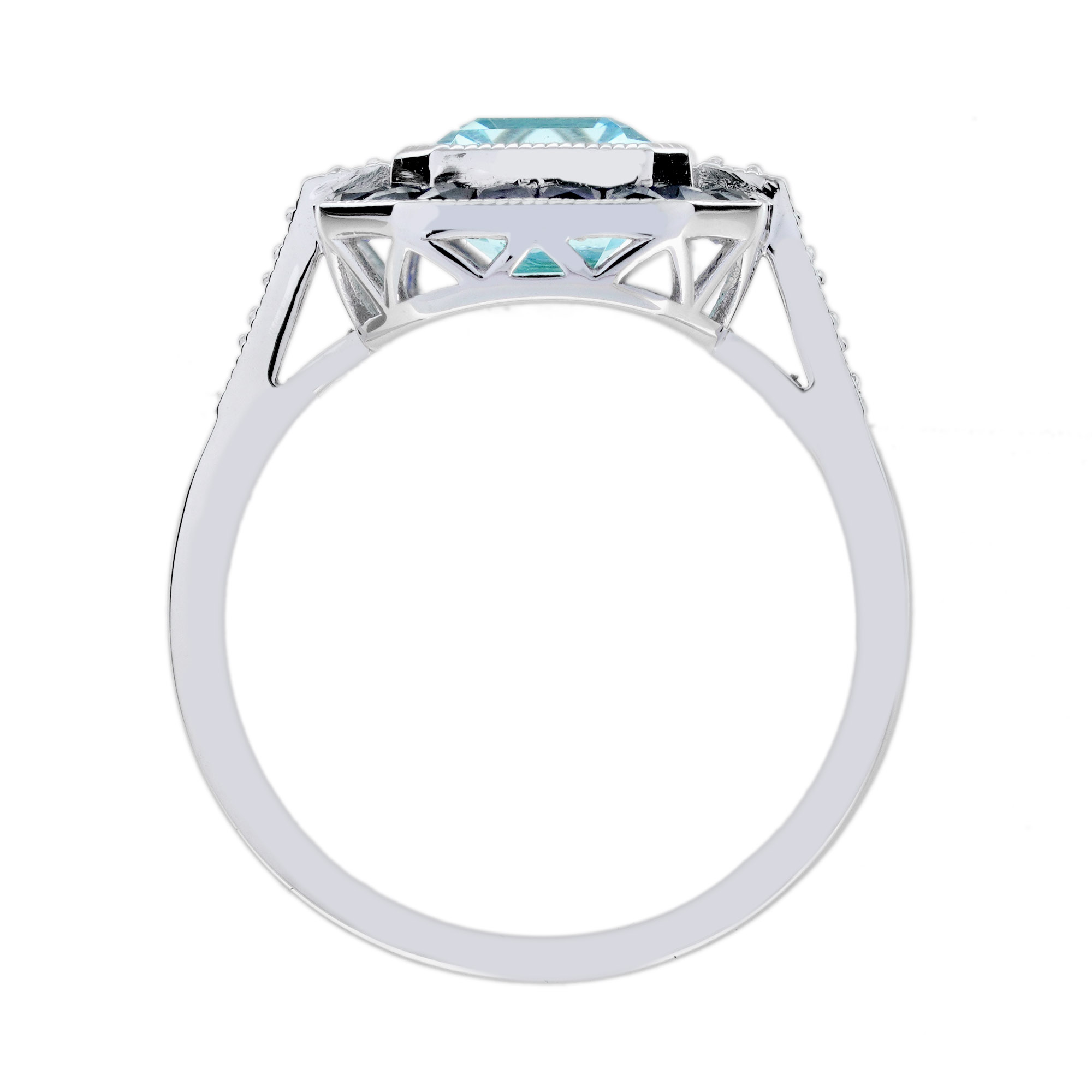 Emerald Cut Blue Topaz Art Deco Style Ring Under Gallery
