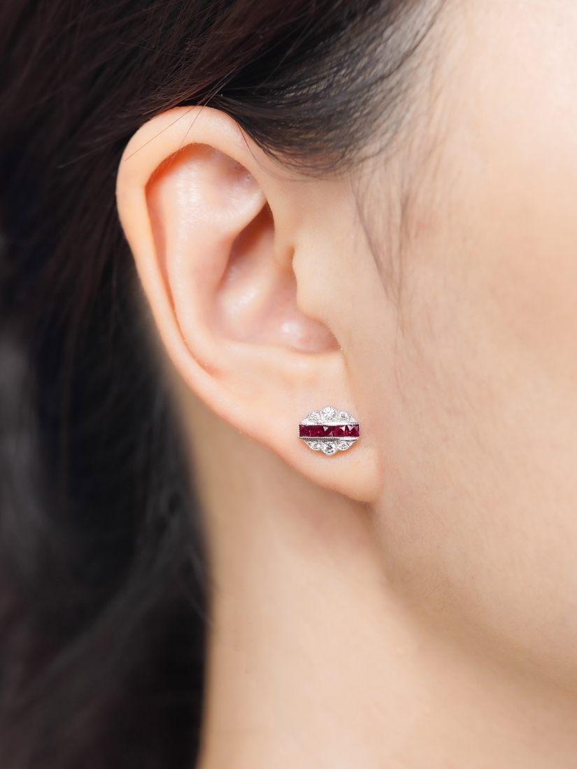 french-cut-ruby-diamond-stud-earrings-art-deco-style-14k-gold-on-body-distant French Cut Ruby Art Deco Style Earrings on Body Distant
