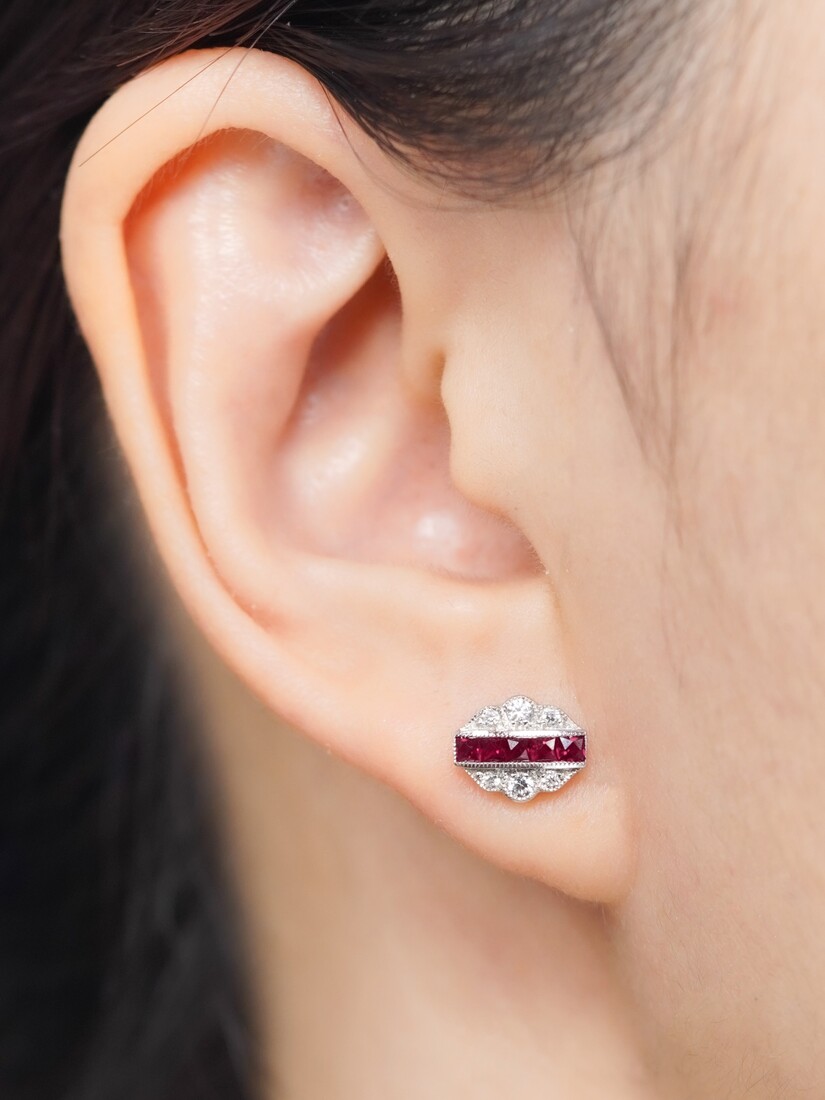 french-cut-ruby-diamond-stud-earrings-art-deco-style-14k-gold-on-body-near French Cut Ruby Art Deco Style Earrings on Body Near