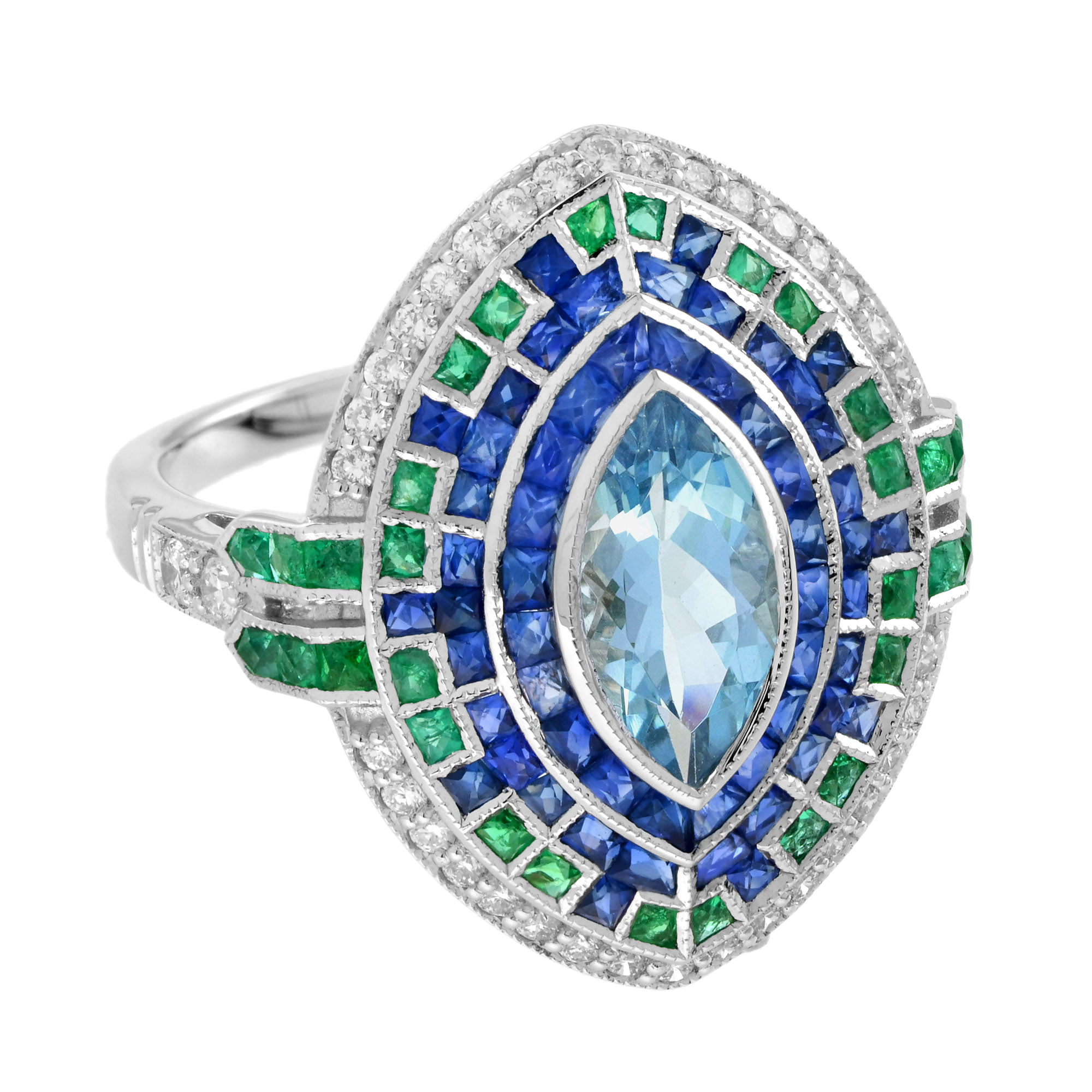 marquise-aquamarine-sapphire-emerald-diamond-ring-art-deco-style-18k-gold-angled-view Marquise Aquamarine Art Deco Style Ring Angled View