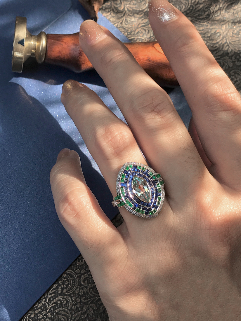 marquise-aquamarine-sapphire-emerald-diamond-ring-art-deco-style-18k-gold-on-body-distant Marquise Aquamarine Art Deco Style Ring on Body Distant