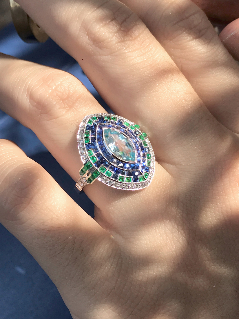 marquise-aquamarine-sapphire-emerald-diamond-ring-art-deco-style-18k-gold-on-body-near Marquise Aquamarine Art Deco Style Ring on Body Near