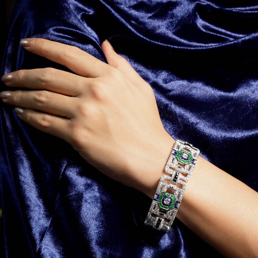 Multi Gemstone Art Deco Style Bracelet on Body Distant