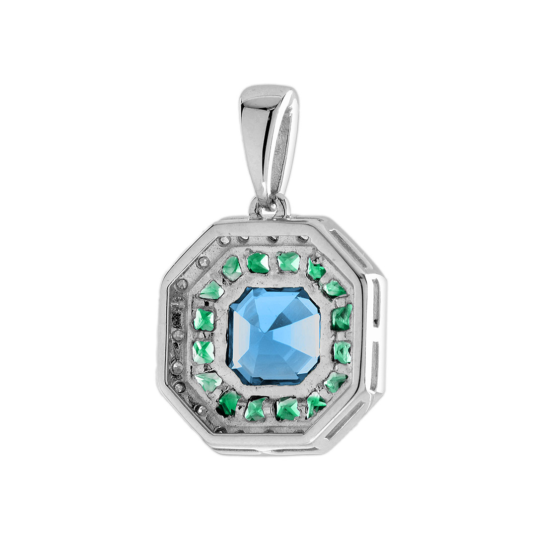 octagonal-blue-topaz-emerald-diamond-pendant-art-deco-style-14k-gold-back London Blue Topaz Emerald Art Deco Style Pendant Back
