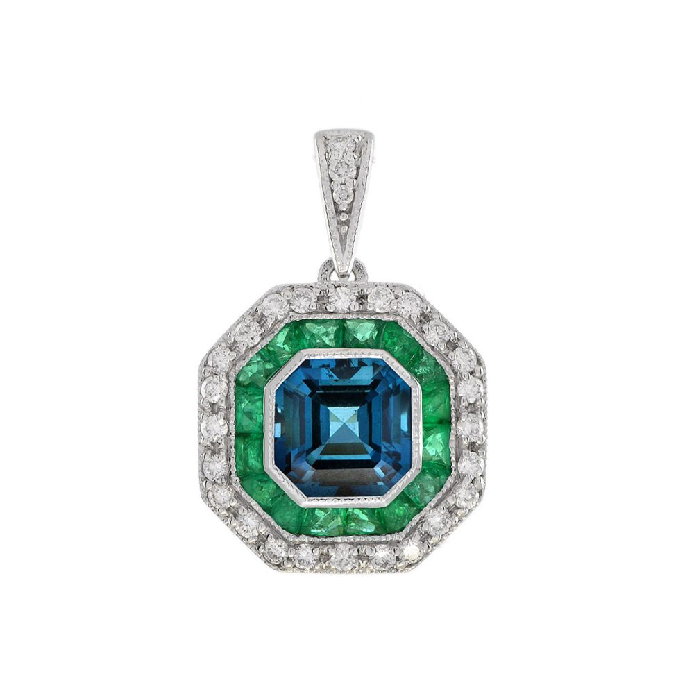 Octagonal London Blue Topaz London Blue Topaz Emerald Pendant, Art Deco Style, Solid Gold by Lilly M. JEWELERS