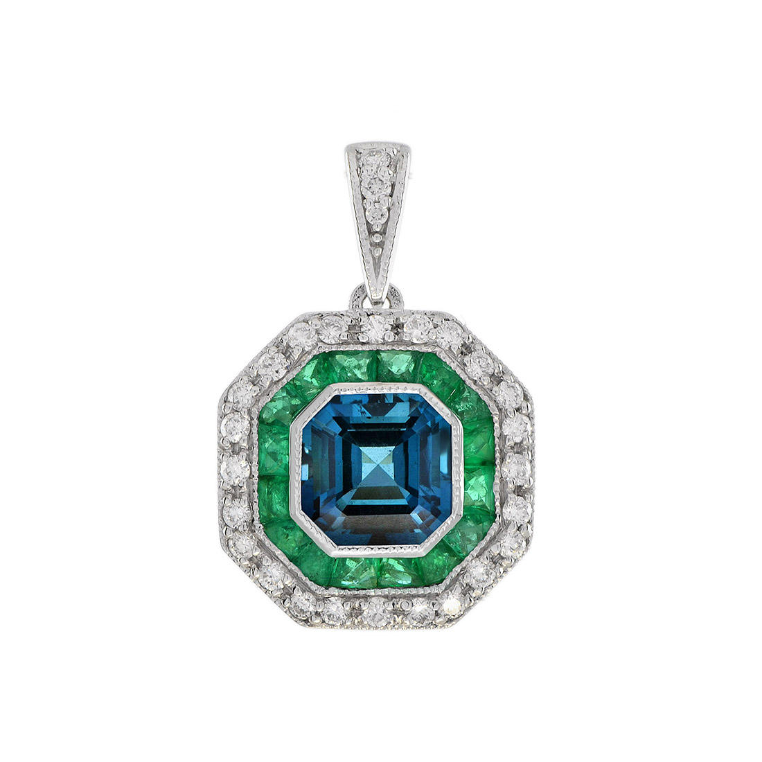London Blue Topaz Emerald Art Deco Style Pendant Octagonal London Blue Topaz London Blue Topaz Emerald Pendant, Art Deco Style, Solid Gold by Lilly M. JEWELERS