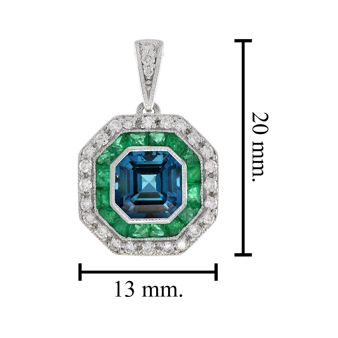 octagonal-blue-topaz-emerald-diamond-pendant-art-deco-style-14k-gold-size London Blue Topaz Emerald Art Deco Style Pendant Size