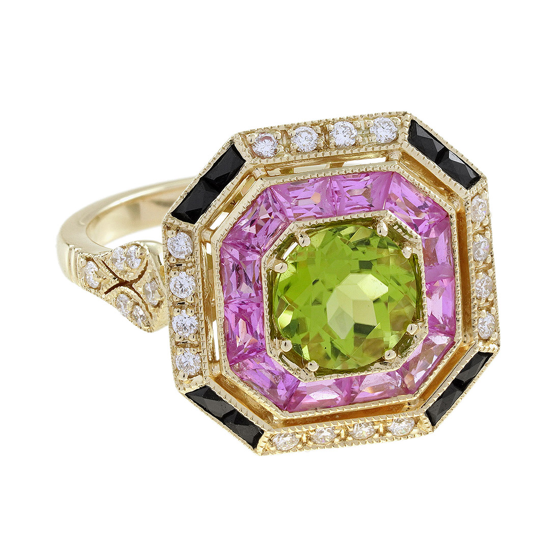 Peridot Pink Sapphire Art Deco Style Ring Angled View