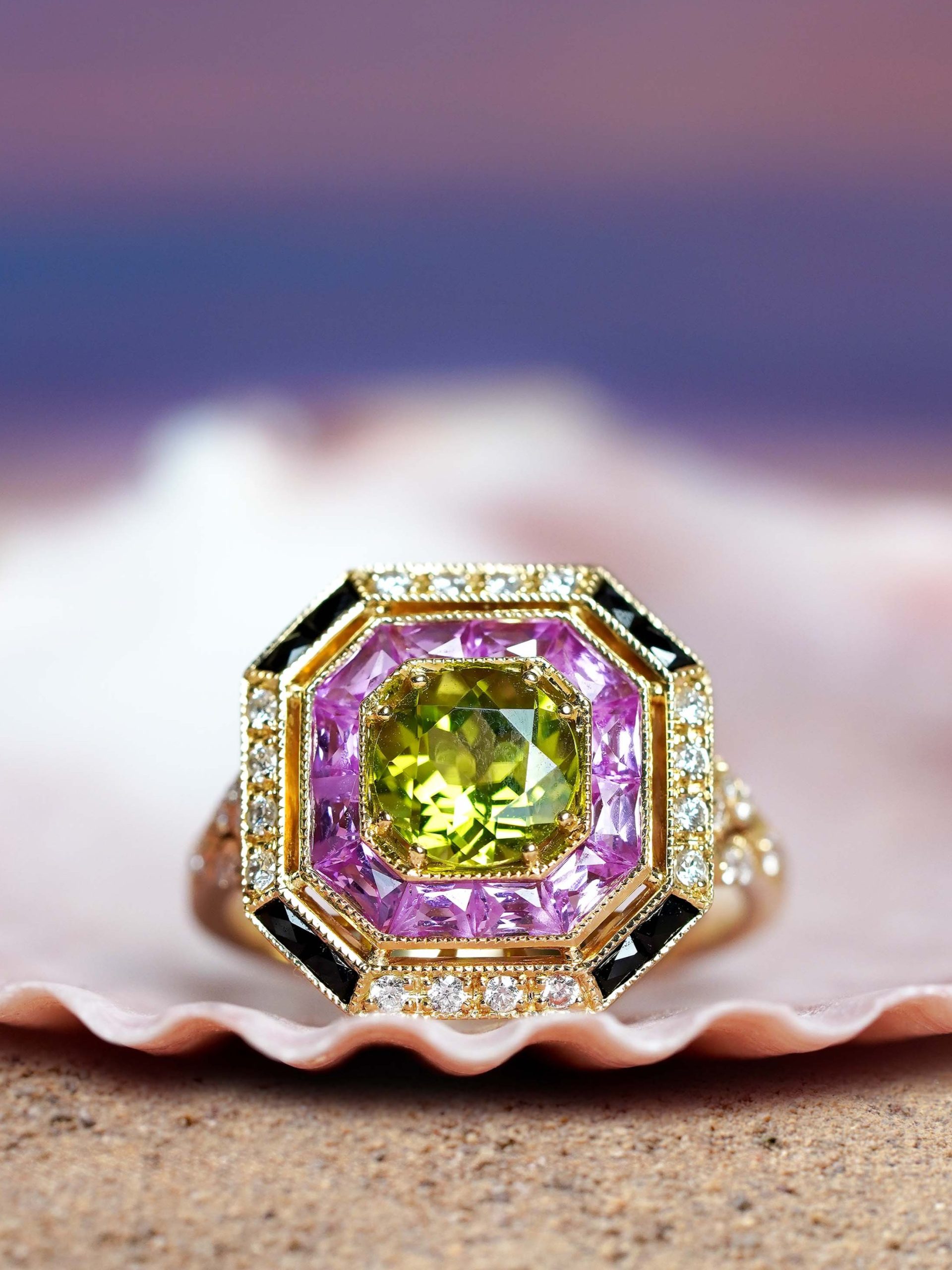 Peridot Pink Sapphire Art Deco Style Ring Beauty Front