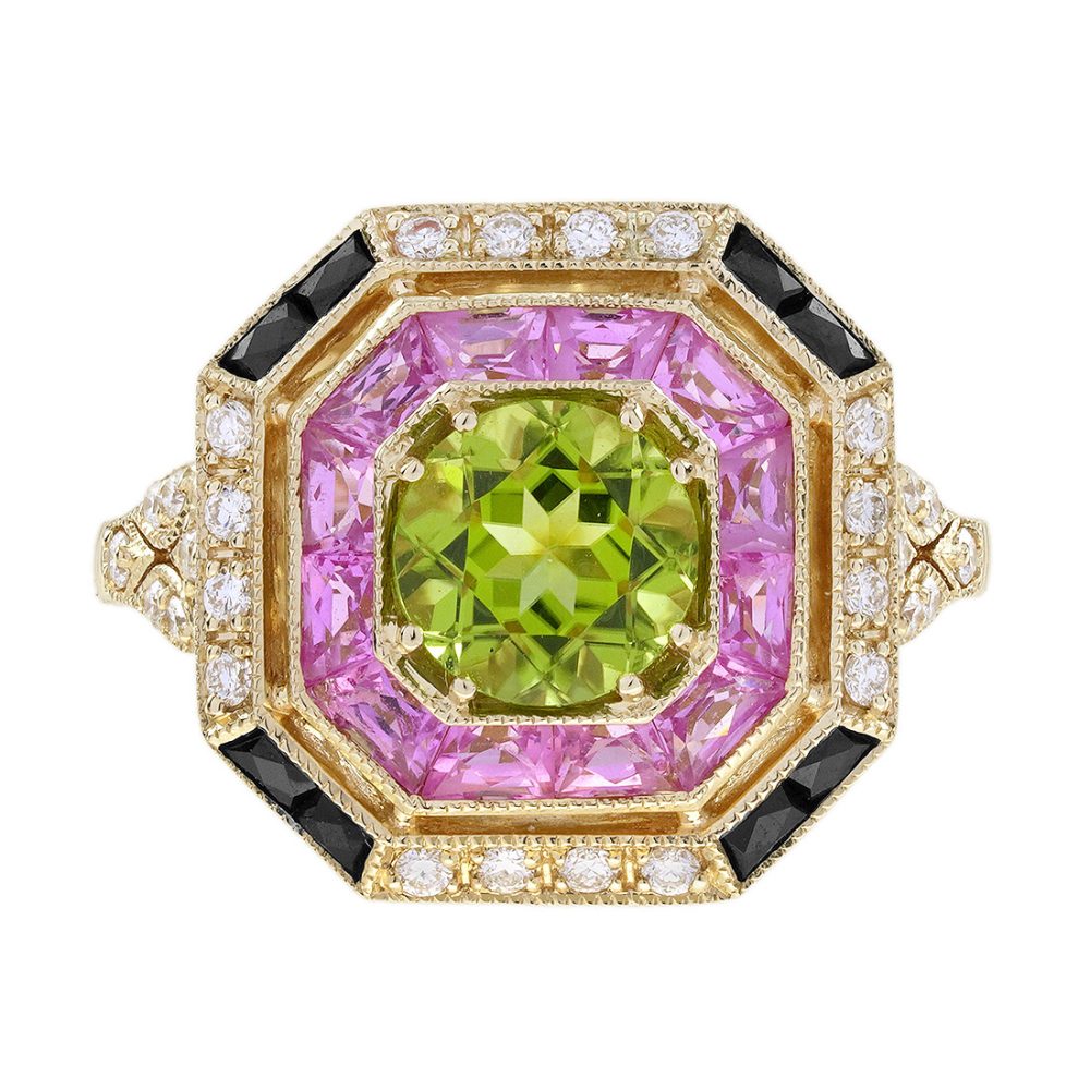 Octagonal Peridot Multi Gemstone Art Deco Style Ring, Art Deco Style, Solid Gold by Lilly M. JEWELERS