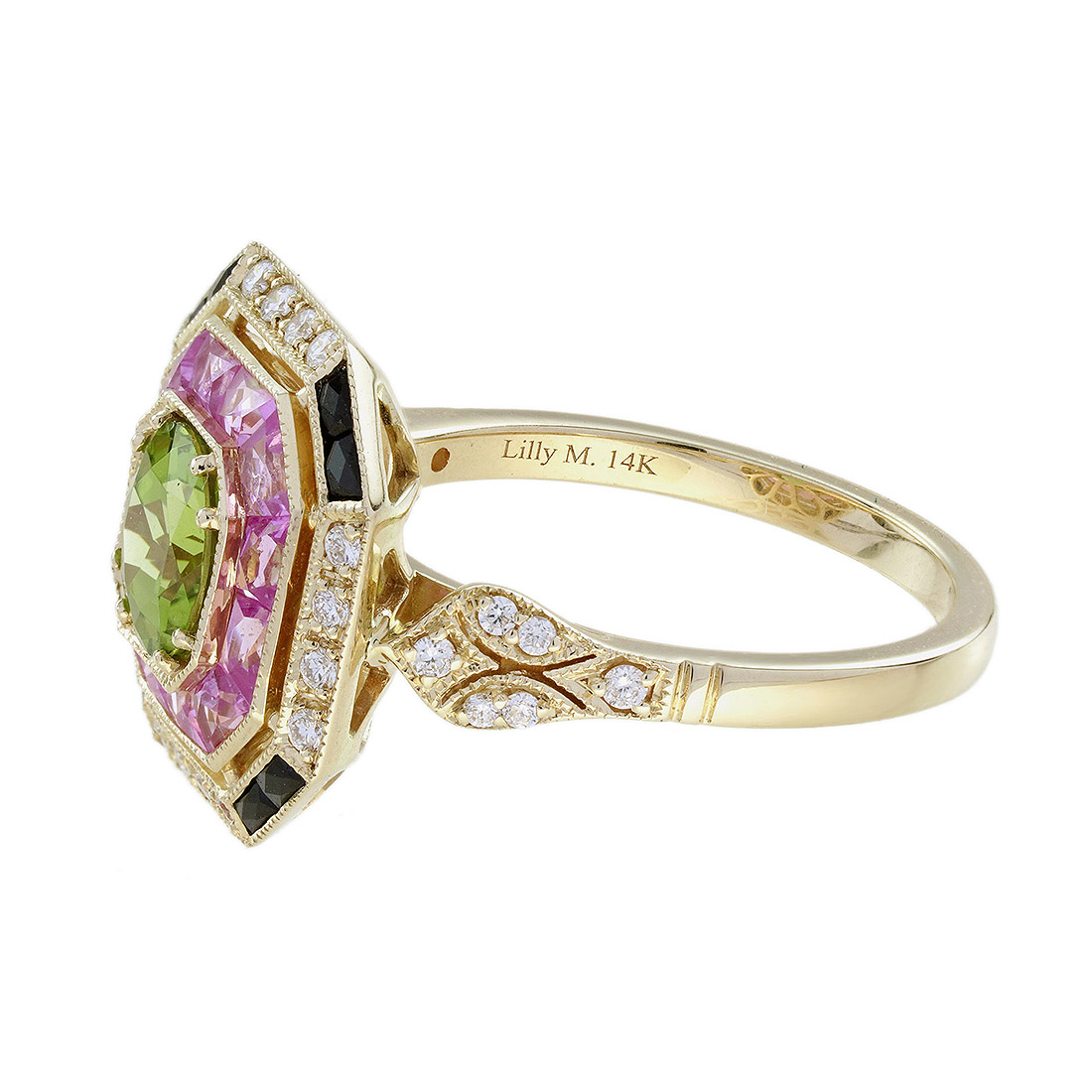 Peridot Pink Sapphire Art Deco Style Ring Hall Mark