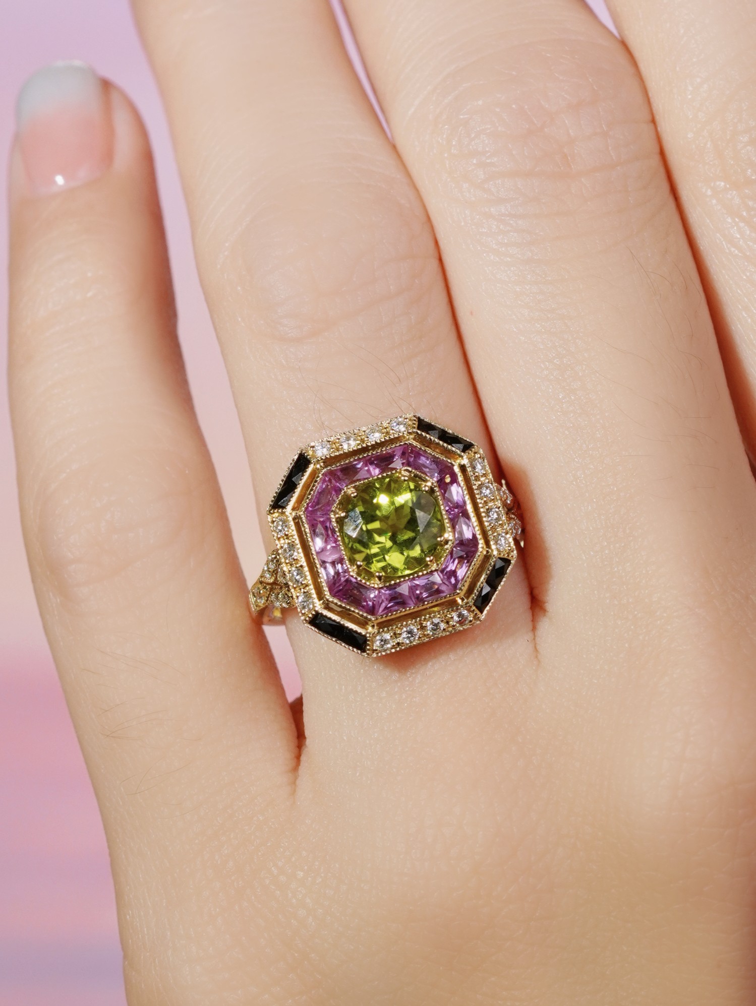 Peridot Pink Sapphire Art Deco Style Ring on Body Front Near
