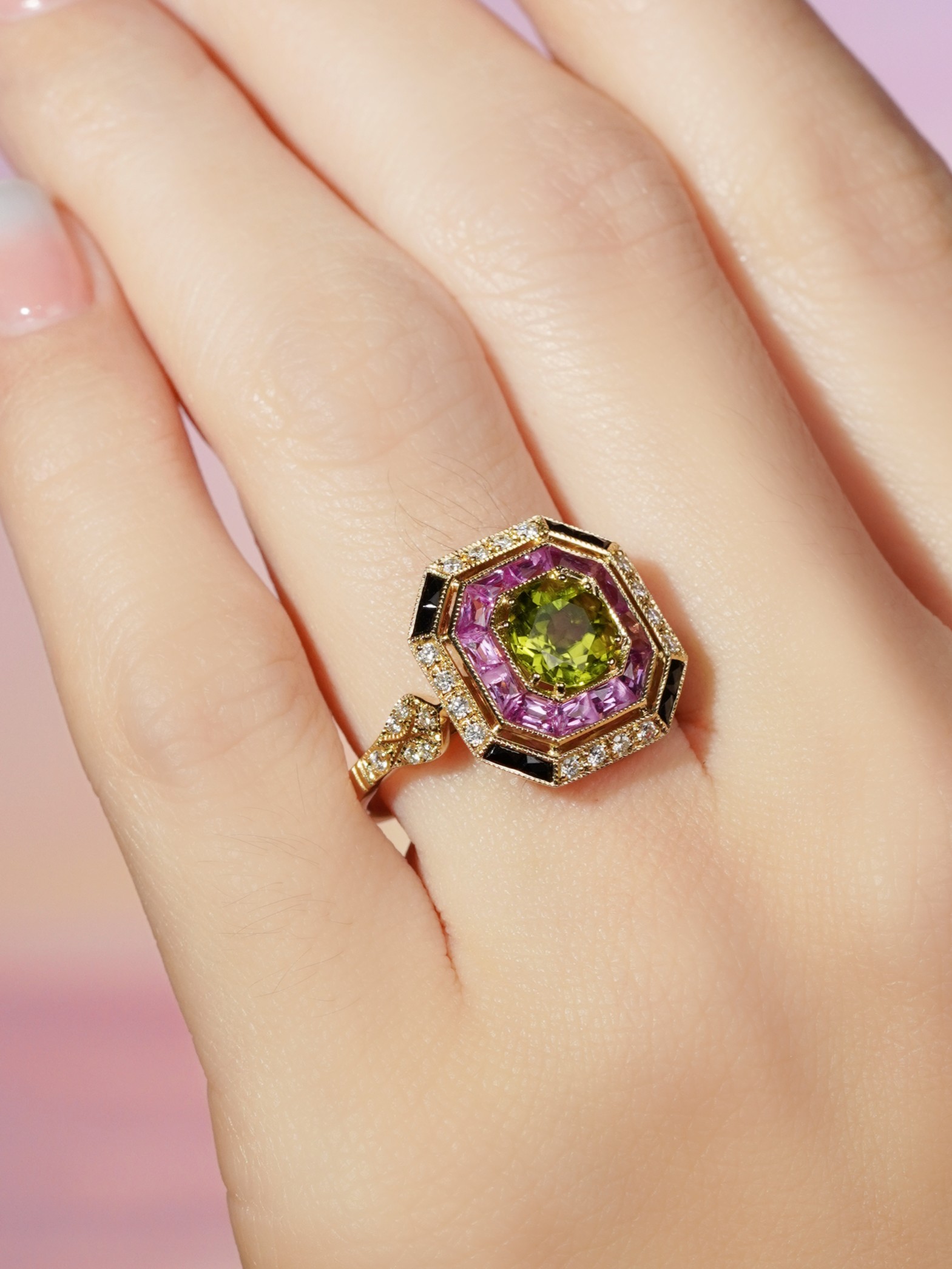 Peridot Pink Sapphire Art Deco Style Ring on Body Side Near