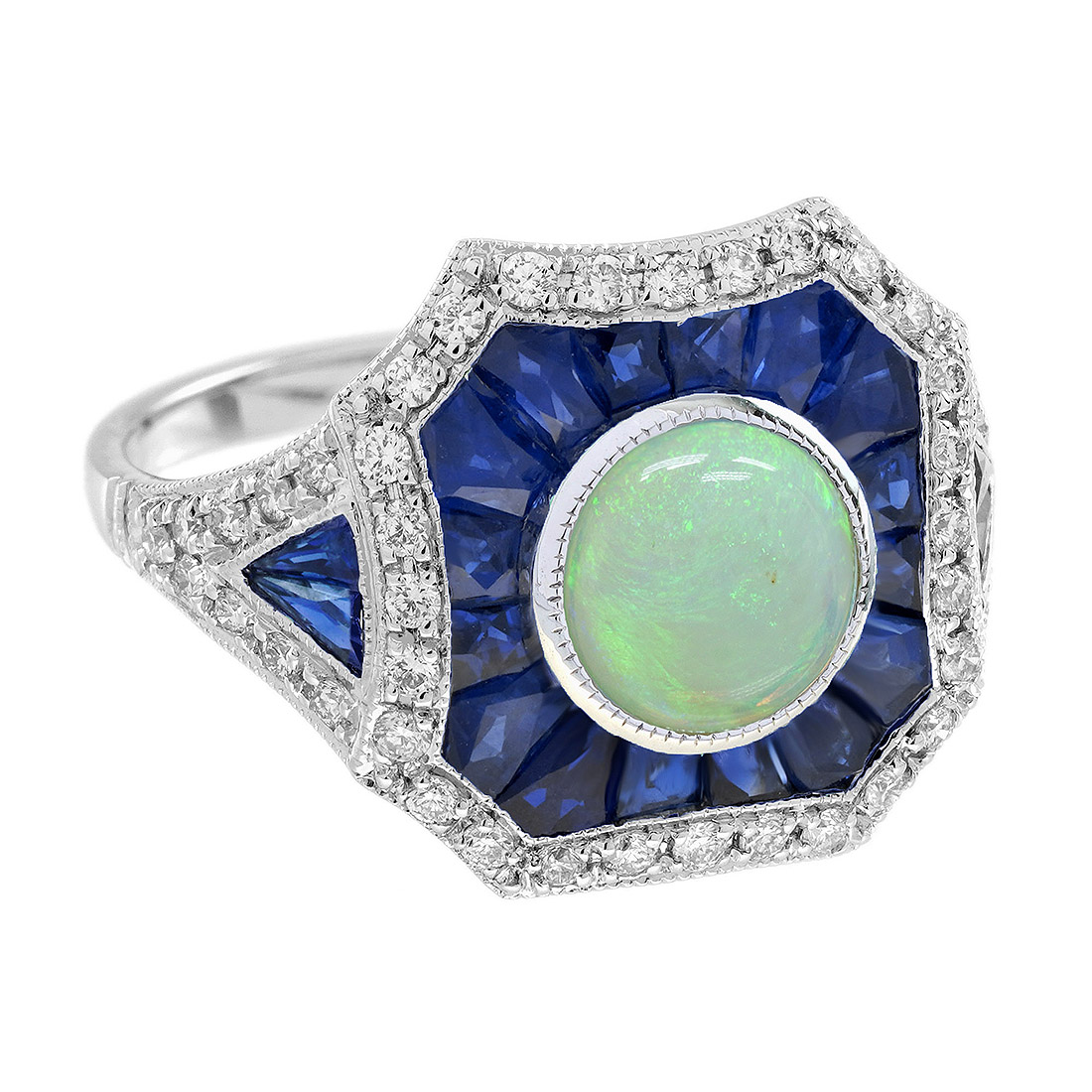 opal-sapphire-diamond-statement-ring-geometric-18k-white-gold-angled-view Opal Sapphire and Diamond Geometric Statement Ring Angled View