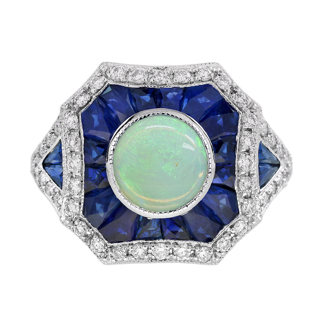 Opal Sapphire and Diamond Geometric Statement Ring Opal Statement Ring, Geometric Design, Solid Gold by Lilly M. JEWELERS
