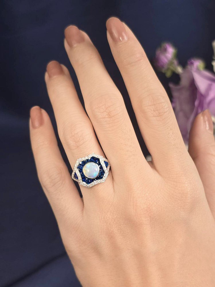 opal-sapphire-diamond-statement-ring-geometric-18k-white-gold-on-body-distant Opal Sapphire and Diamond Geometric Statement Ring on Body Distant