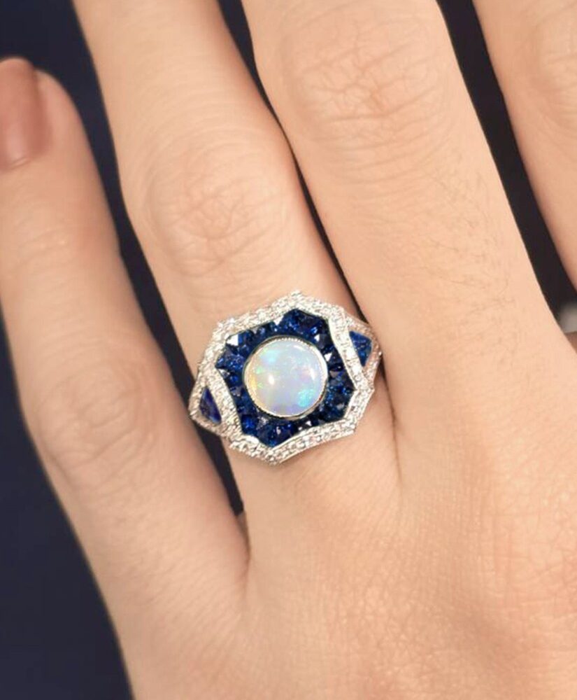 Opal Sapphire and Diamond Geometric Statement Ring on Body Near
