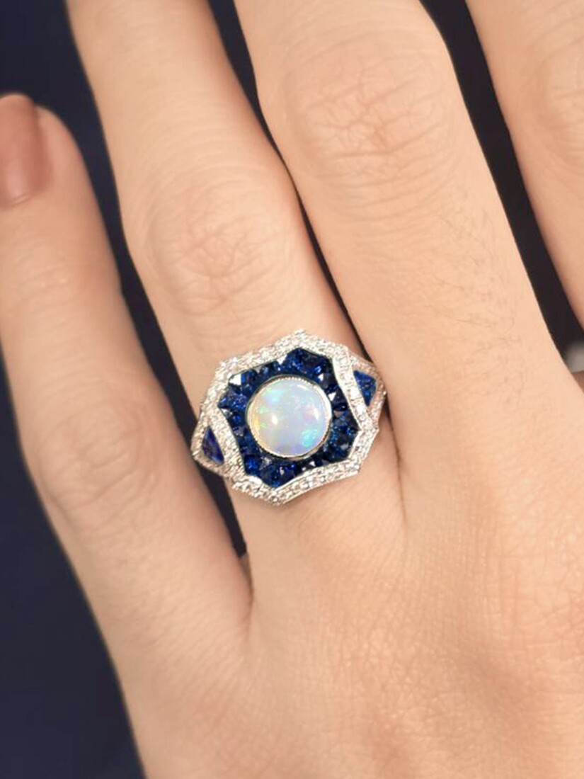 opal-sapphire-diamond-statement-ring-geometric-18k-white-gold-on-body-near Opal Sapphire and Diamond Geometric Statement Ring on Body Near
