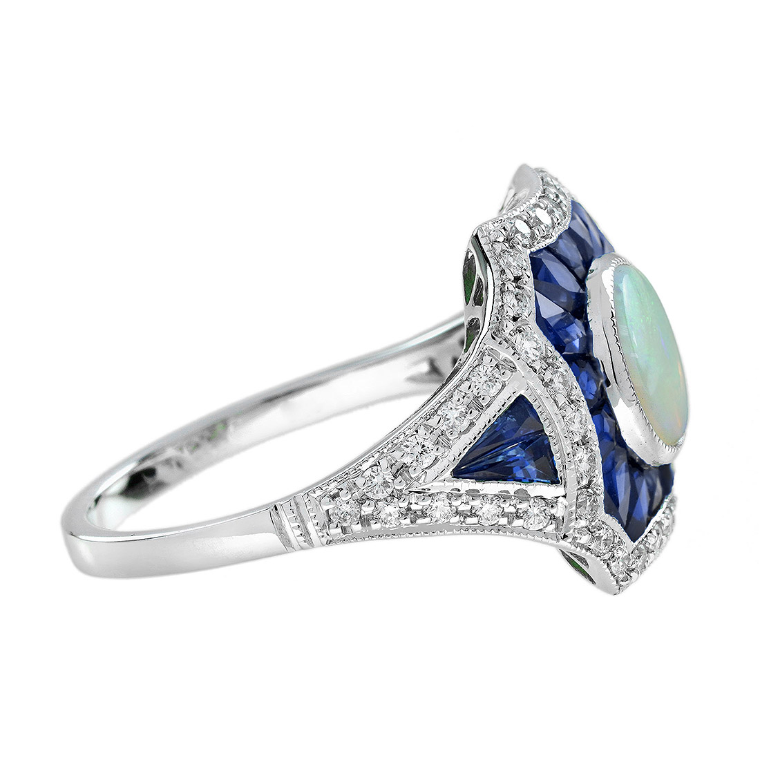 opal-sapphire-diamond-statement-ring-geometric-18k-white-gold-side Opal Sapphire and Diamond Geometric Statement Ring Side