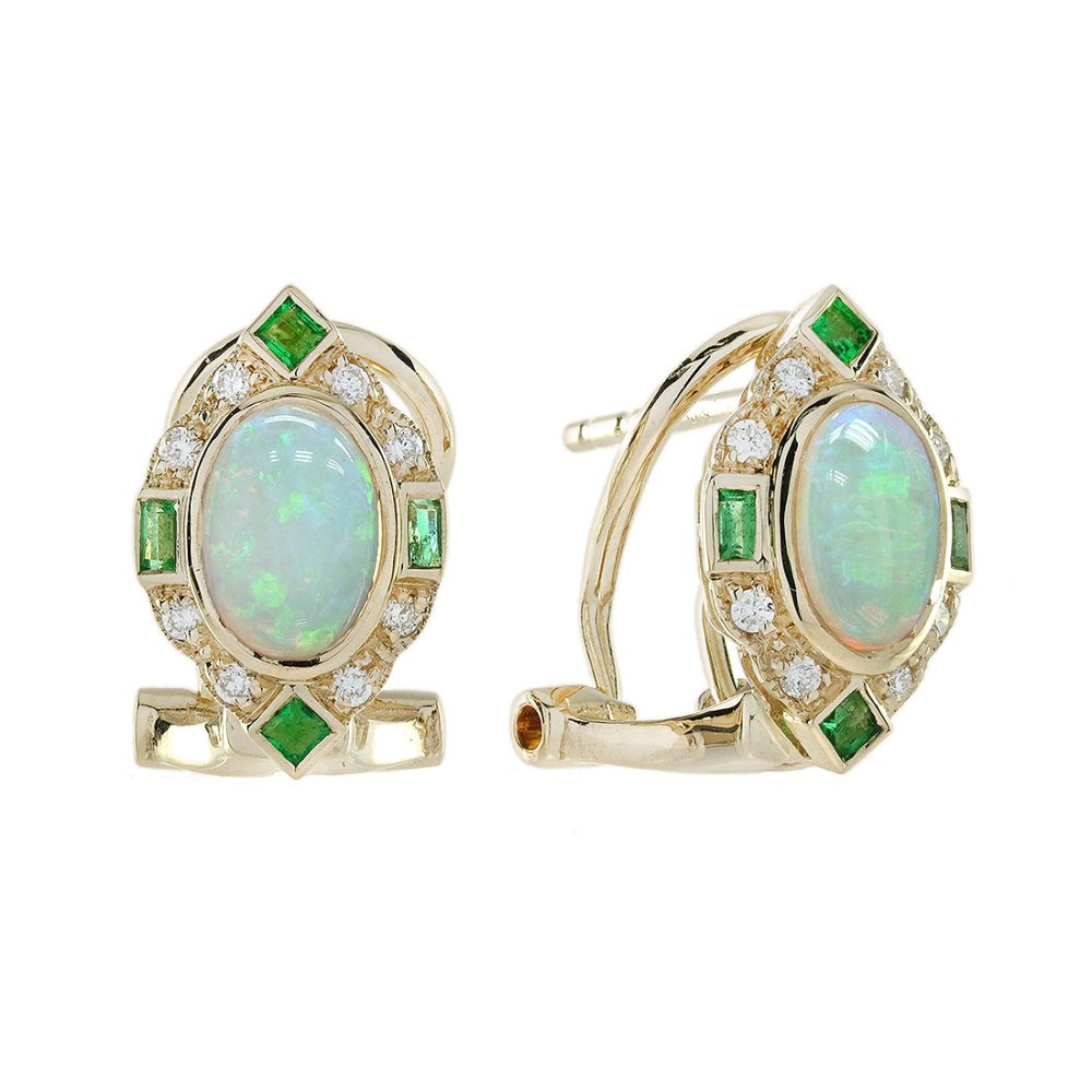 Oval Opal Emerald Earrings, Art Deco Style, Solid Gold by Lilly M. JEWELERS