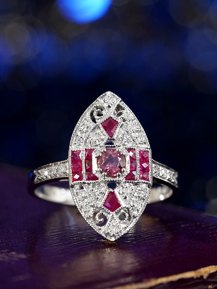 Pink Tourmaline Ruby Diamond Marquise Cocktail Ring