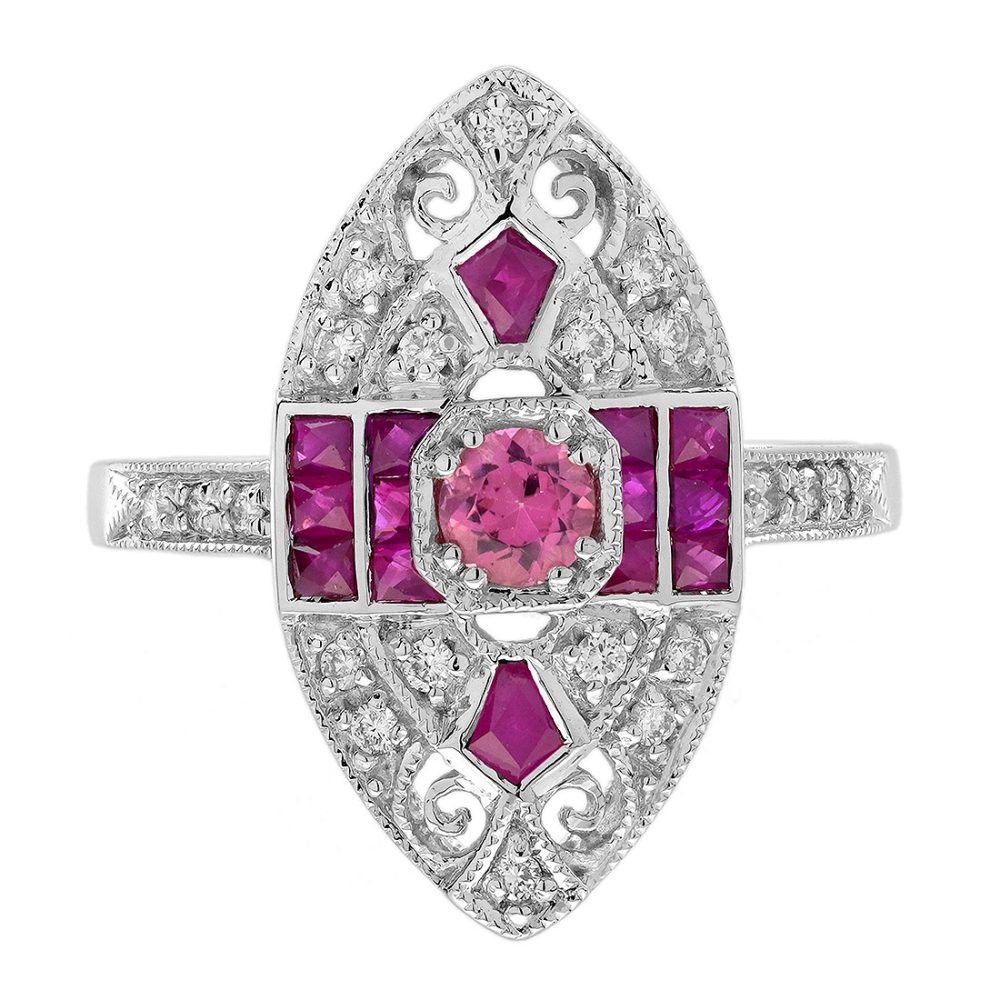 Pink Tourmaline Cocktail Ring with Ruby and Diamond, Solid Gold by Lilly M. JEWELERS