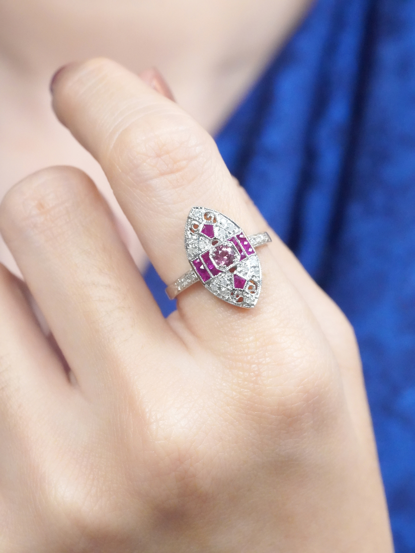 Pink Tourmaline Ruby Diamond Marquise Cocktail Ring
