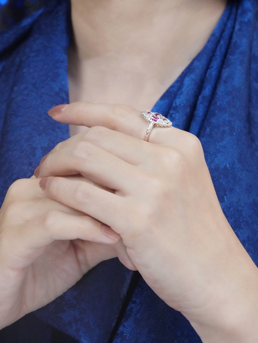 Pink Tourmaline Ruby Diamond Marquise Cocktail Ring