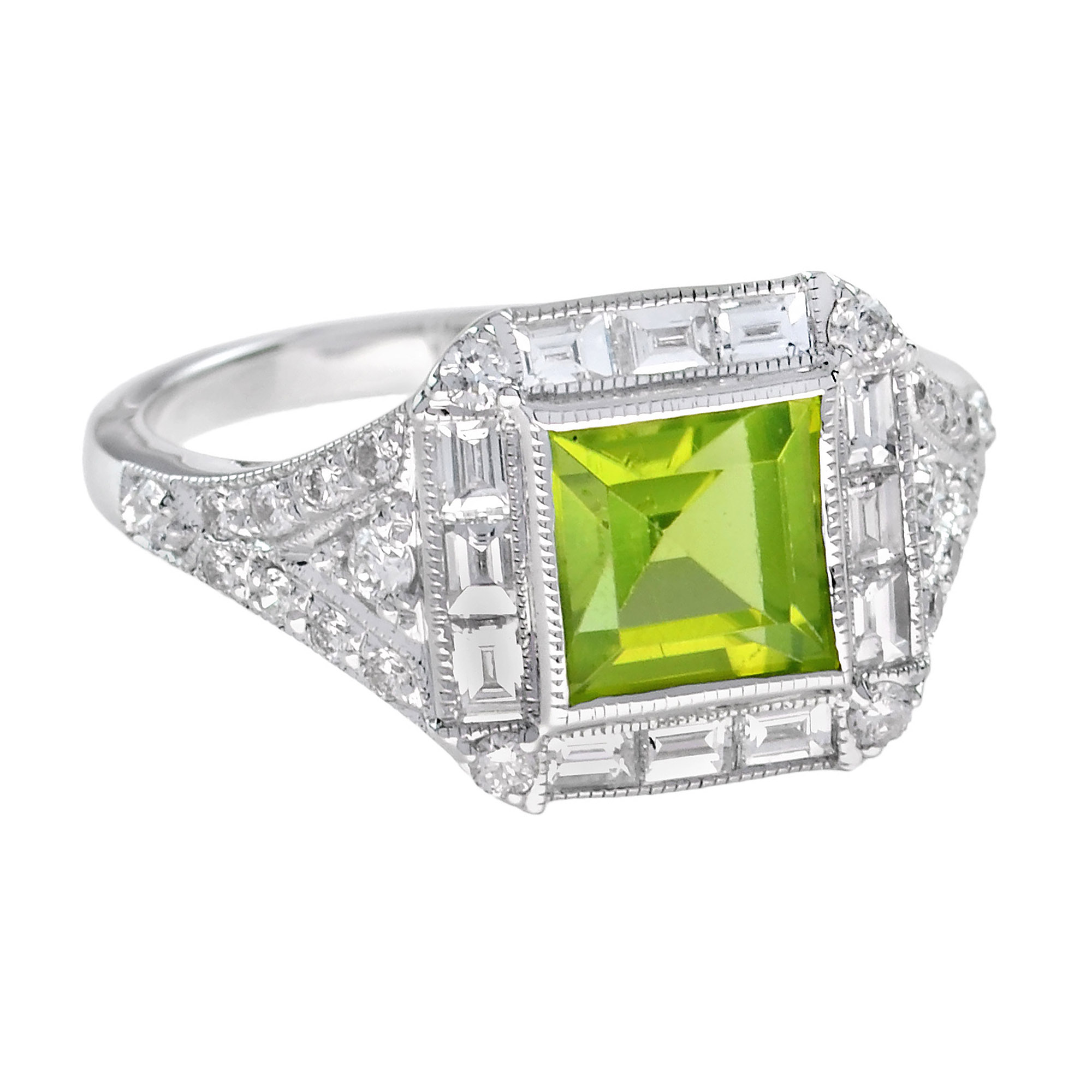 princess-peridot-diamond-ring-art-deco-style-14k-gold-angled-view Peridot Diamond Art Deco Style Ring Angled View