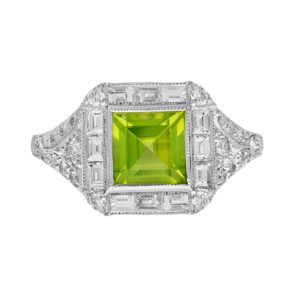 Square Peridot Diamond Engagement Ring, Art Deco Style, Solid Gold by Lilly M. JEWELERS