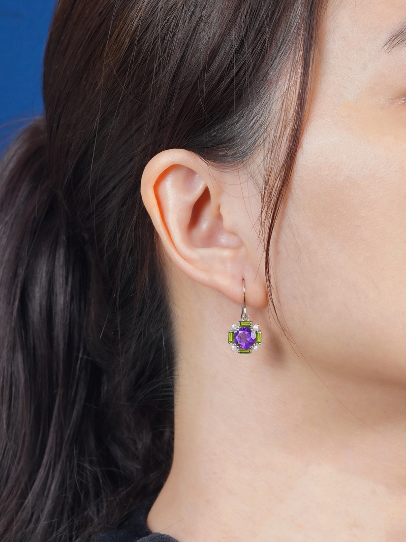 Round Amethyst and Peridot Art Deco Style Earrings on Body Distant