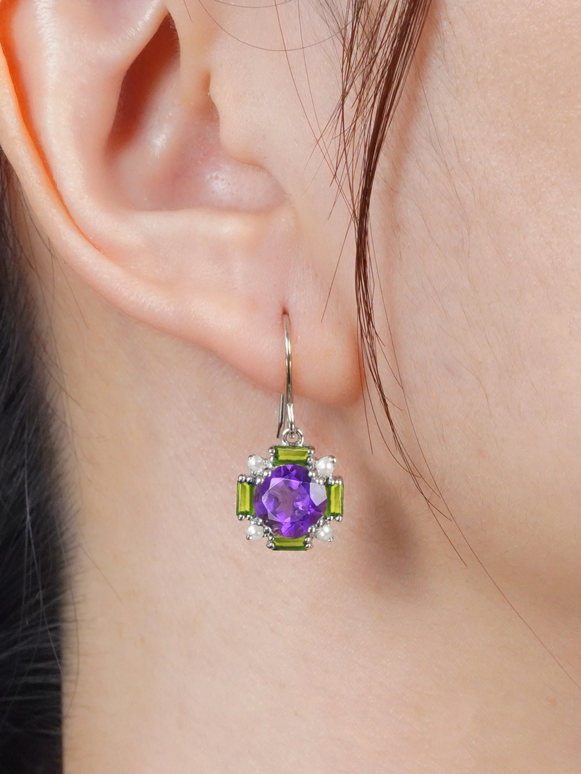 Round Amethyst and Peridot Art Deco Style Earrings on Body Near