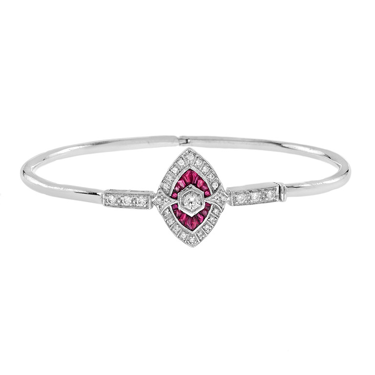 Art Deco Style Diamond and Ruby Bangle with Round Brilliant Diamond and French-Cut Rubies, Solid Gold by Lilly M. JEWELERS