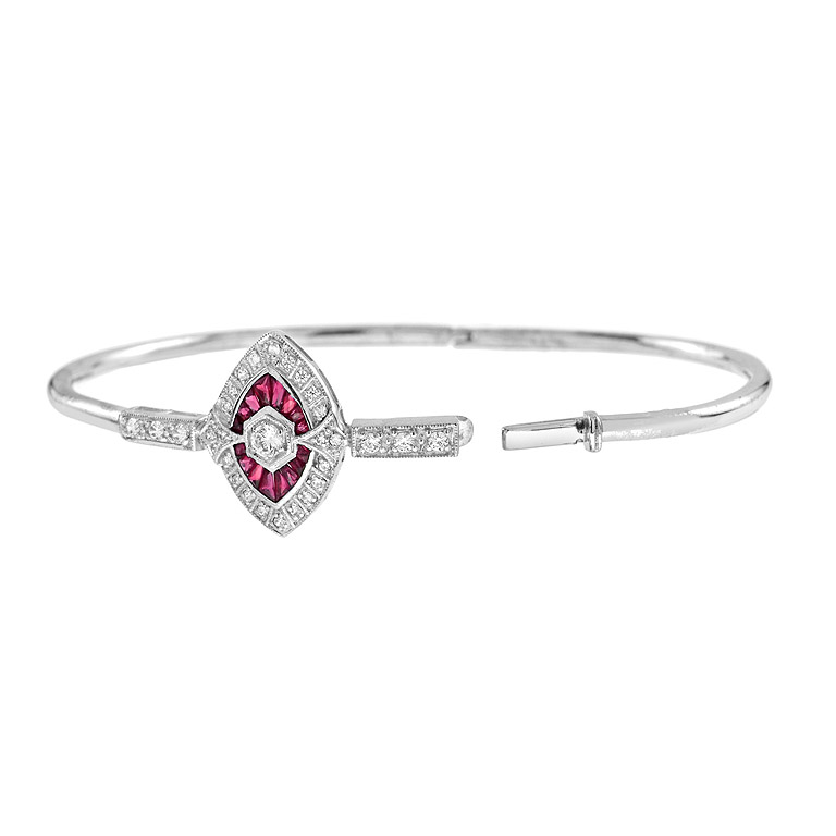 round-brilliant-diamond-french-cut-ruby-bangle-art-deco-style-18k-gold-side-open Diamond and Ruby Art Deco Style Bangle Bracelet Side Open