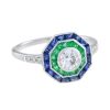 round-diamond-emerald-sapphire-target-ring-art-deco-style-18k-gold-angled-view Diamond Emerald Sapphire Art Deco Style Ring Angled View