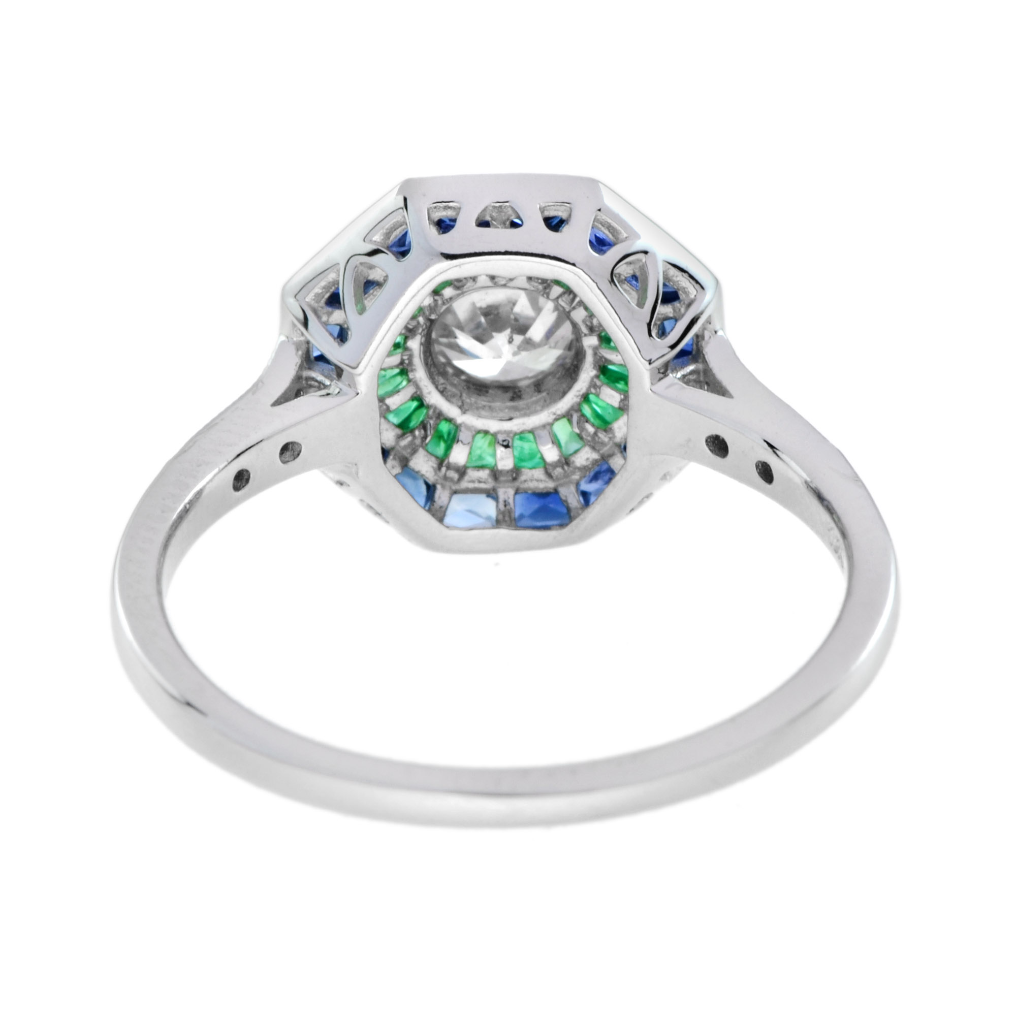 round-diamond-emerald-sapphire-target-ring-art-deco-style-18k-gold-back Diamond Emerald Sapphire Art Deco Style Ring Back