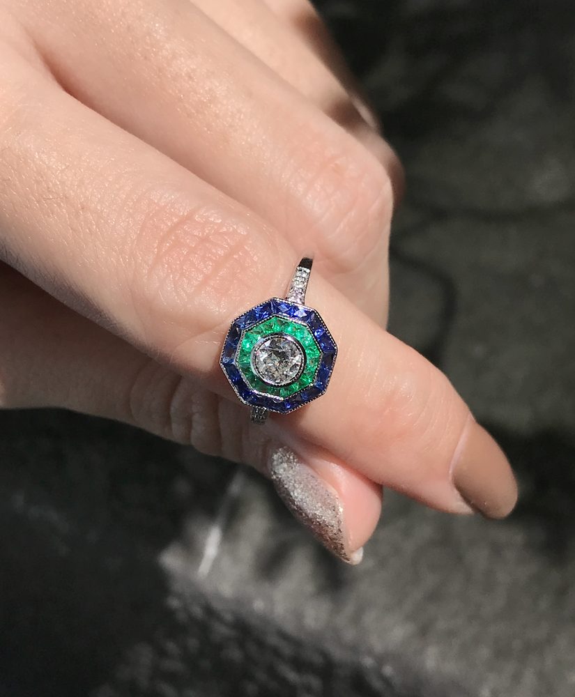 Diamond Emerald Sapphire Art Deco Style Ring on Body Near