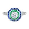 round-diamond-emerald-sapphire-target-ring-art-deco-style-18k-gold-front Diamond Emerald Sapphire Art Deco Style Ring VDO