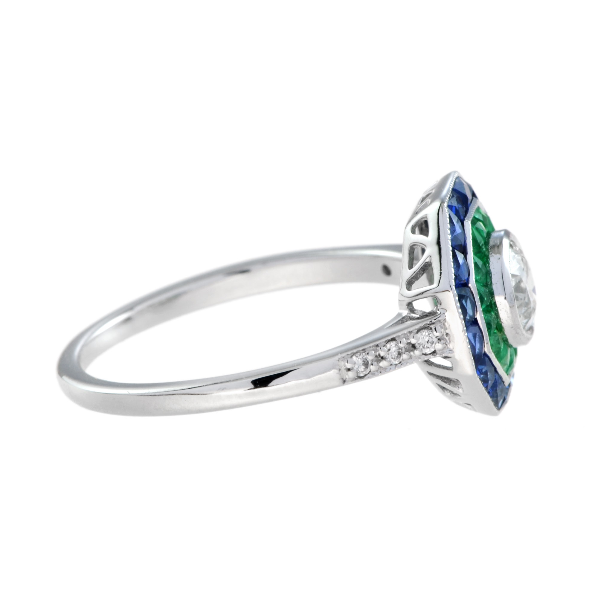 round-diamond-emerald-sapphire-target-ring-art-deco-style-18k-gold-side Diamond Emerald Sapphire Art Deco Style Ring Side