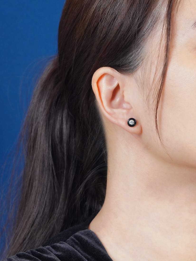 Diamond Onyx Art Deco Style Stud Earrings on Body Front Distant