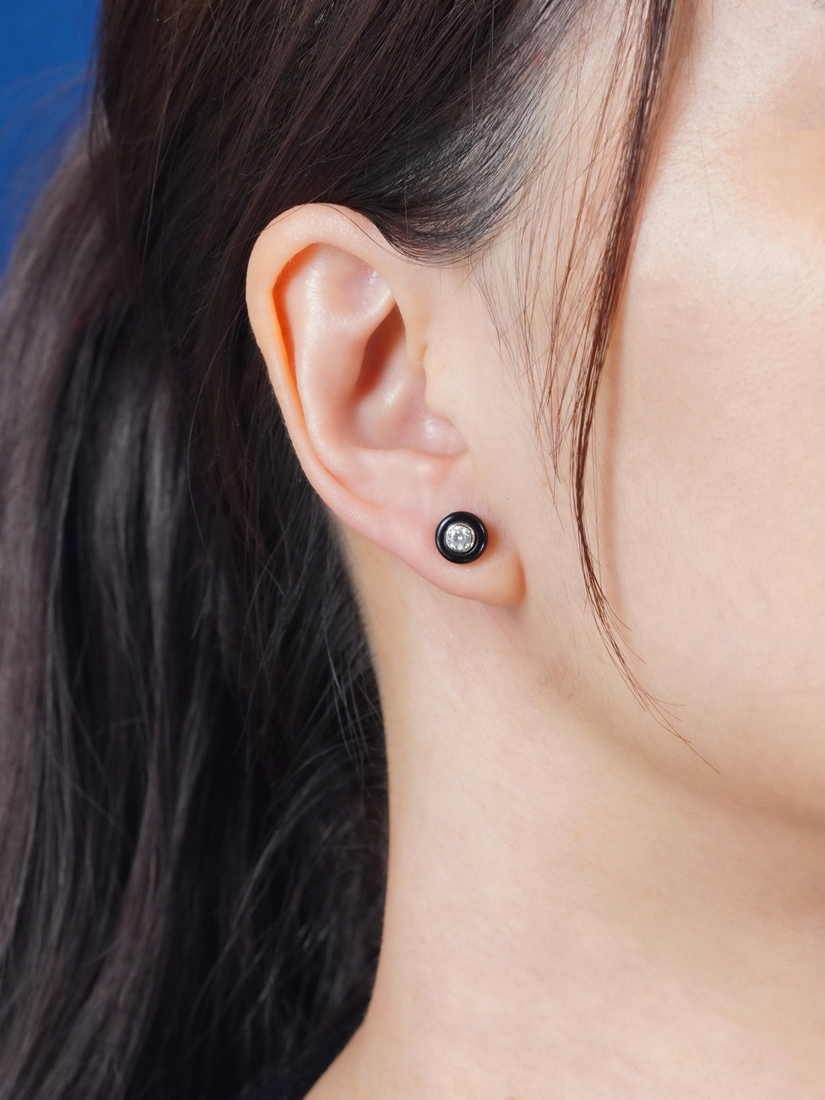 Diamond Onyx Art Deco Style Stud Earrings on Body Front Near