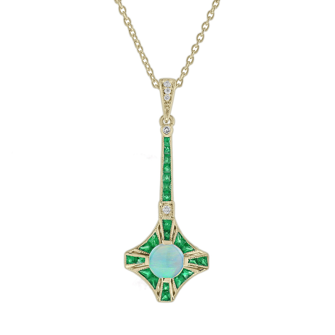 Opal Emerald Art Deco Style Necklace Round Opal Emerald Necklace, Art Deco Style, Solid Gold by Lilly M. JEWELERS