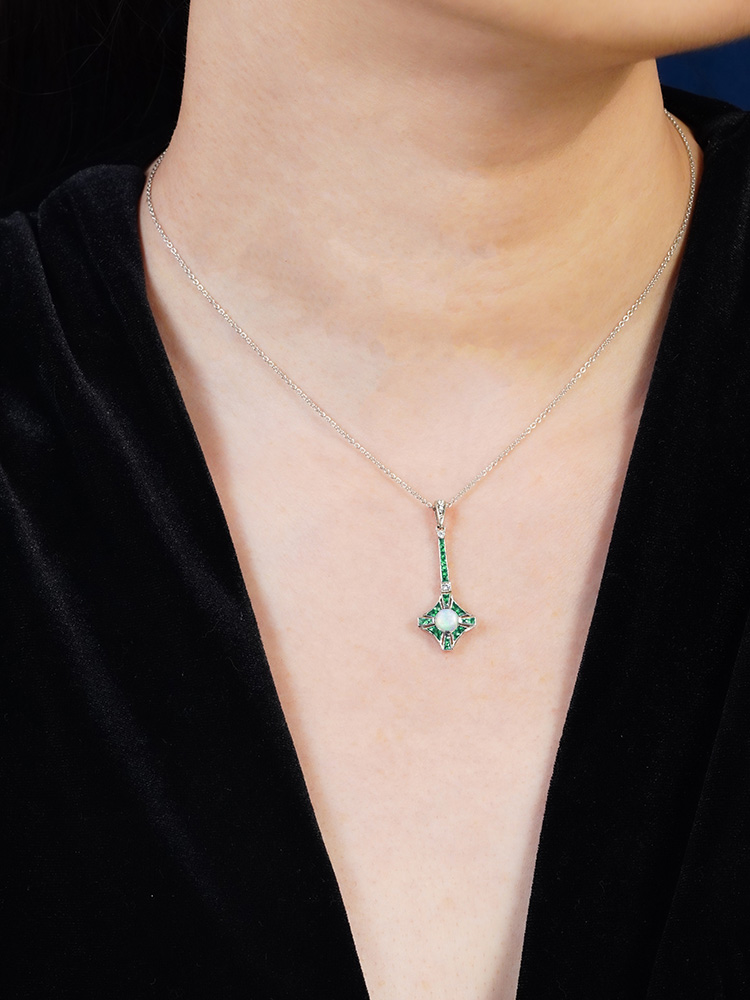 round-opal-emerald-diamond-necklace-art-deco-style-14k-gold-on-body-front-distant Opal Emerald Art Deco Style Necklace on Body Front Distant