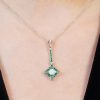 round-opal-emerald-diamond-necklace-art-deco-style-14k-gold-on-body-front-near Opal Emerald Art Deco Style Necklace on Body Front Near