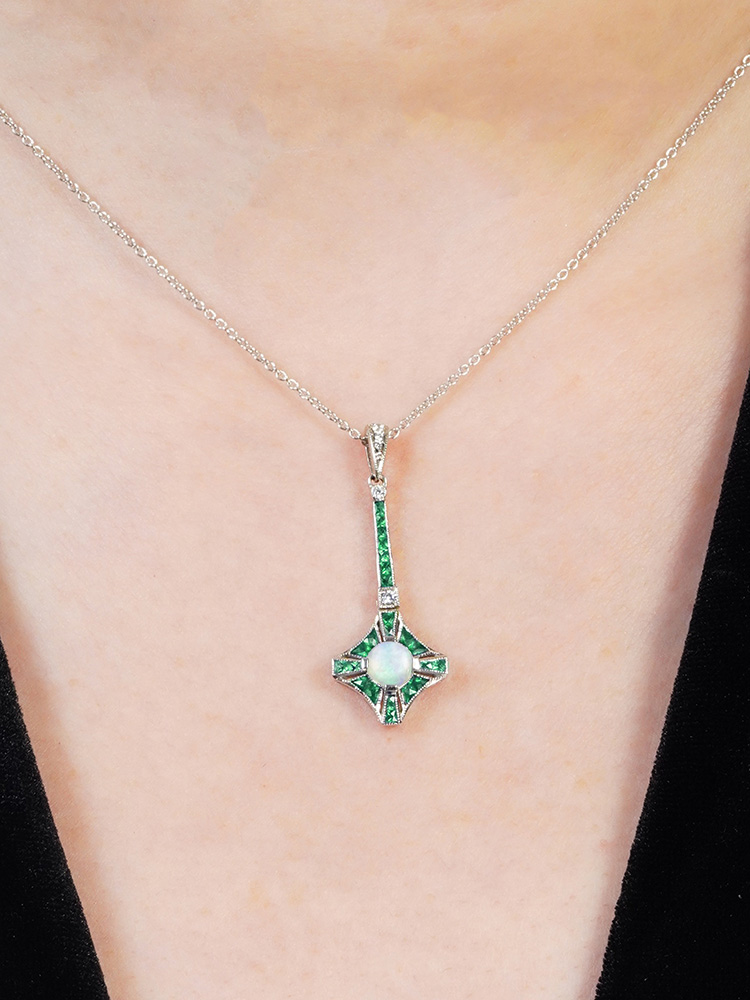 round-opal-emerald-diamond-necklace-art-deco-style-14k-gold-on-body-front-near Opal Emerald Art Deco Style Necklace on Body Front Near
