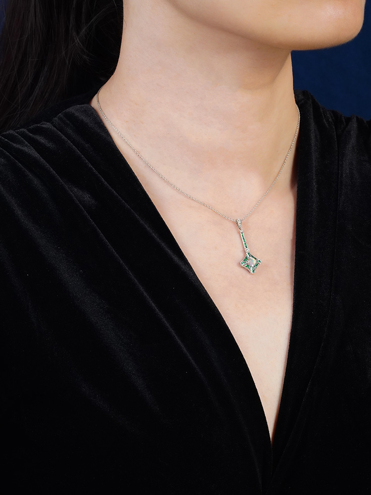 round-opal-emerald-diamond-necklace-art-deco-style-14k-gold-on-body-side-distant Opal Emerald Art Deco Style Necklace on Body Side Distant