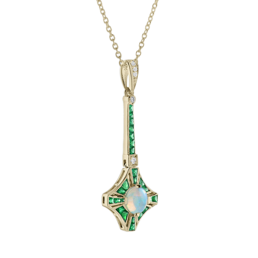 round-opal-emerald-diamond-necklace-art-deco-style-14k-gold-side Opal Emerald Art Deco Style Necklace Side