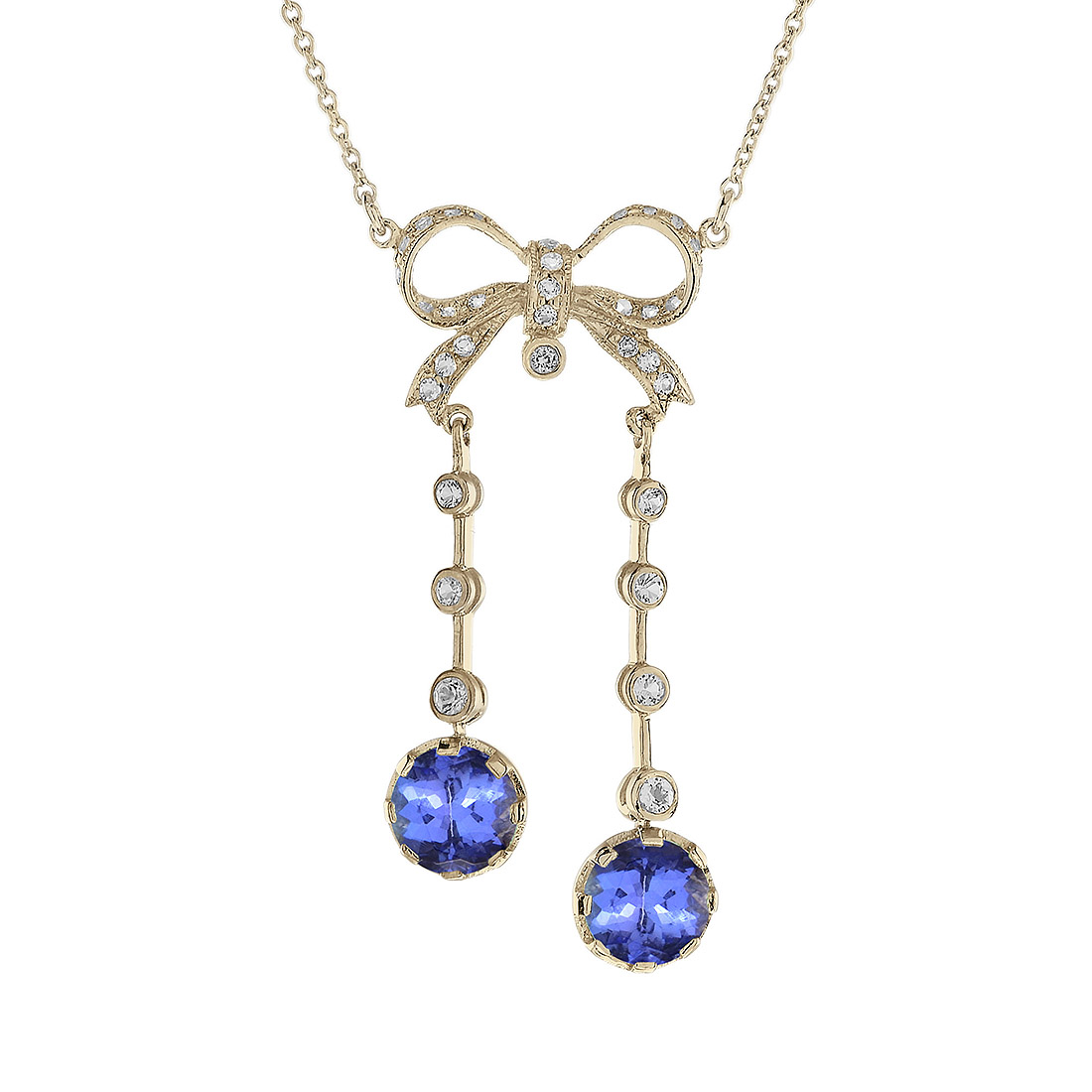 Tanzanite and Diamond Necklace Edwardian Style Bow Negligee in 14K Gold by Lilly M. JEWELERS